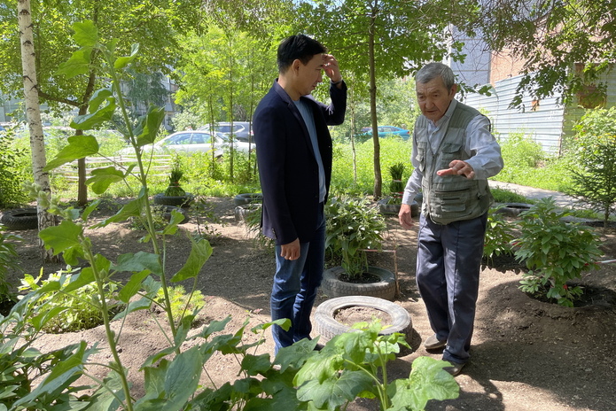 Во дворе дома по улице Новаторов пенсионер своими силами выращивает культурные растения